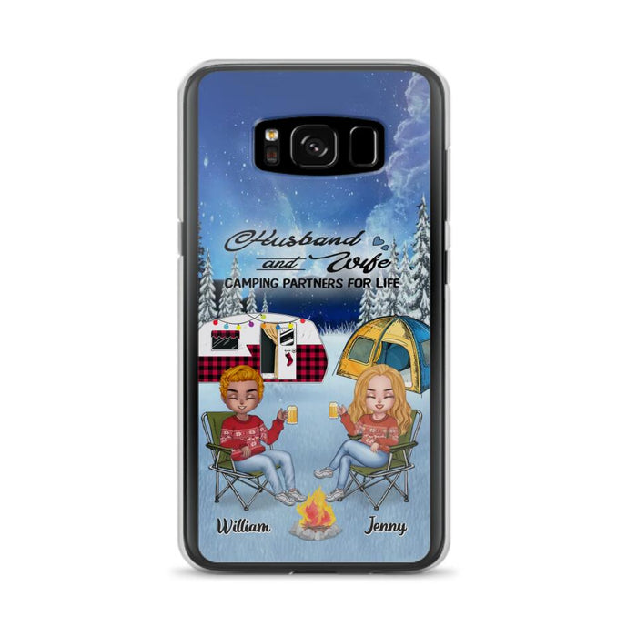 Custom Personalized Camping Couple Xmas Phone Case - Christmas Gift For Couple/ Camping Lover/ Dog Lover - Couple With Upto 4 Dogs - Husband And Wife Camping Partners For Life - Case For iPhone And Samsung