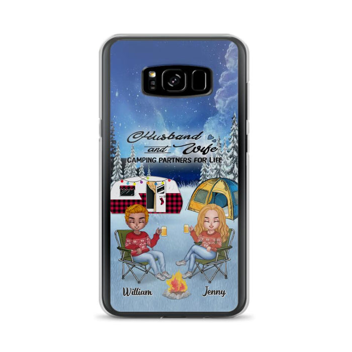 Custom Personalized Camping Couple Xmas Phone Case - Christmas Gift For Couple/ Camping Lover/ Dog Lover - Couple With Upto 4 Dogs - Husband And Wife Camping Partners For Life - Case For iPhone And Samsung