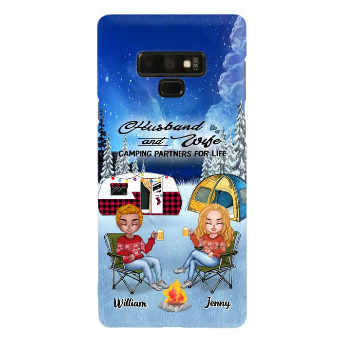 Custom Personalized Camping Couple Xmas Phone Case - Christmas Gift For Couple/ Camping Lover/ Dog Lover - Couple With Upto 4 Dogs - Husband And Wife Camping Partners For Life - Case For iPhone And Samsung