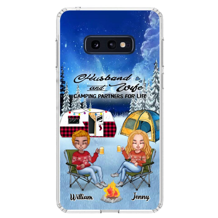 Custom Personalized Camping Couple Xmas Phone Case - Christmas Gift For Couple/ Camping Lover/ Dog Lover - Couple With Upto 4 Dogs - Husband And Wife Camping Partners For Life - Case For iPhone And Samsung