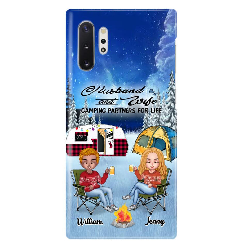 Personalized Camping Couple Xmas Phone Case - Christmas Gift For Couple/Camping Lover/ Dog Lover - Couple With Up to 4 Dogs - Husband And Wife Camping Partners For Life - Case For iPhone And Samsung