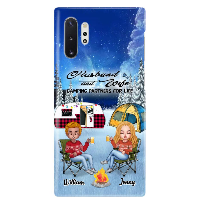 Custom Personalized Camping Couple Xmas Phone Case - Christmas Gift For Couple/ Camping Lover/ Dog Lover - Couple With Upto 4 Dogs - Husband And Wife Camping Partners For Life - Case For iPhone And Samsung