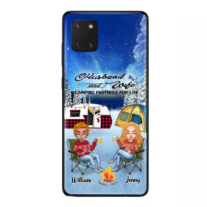 Custom Personalized Camping Couple Xmas Phone Case - Christmas Gift For Couple/ Camping Lover/ Dog Lover - Couple With Upto 4 Dogs - Husband And Wife Camping Partners For Life - Case For iPhone And Samsung