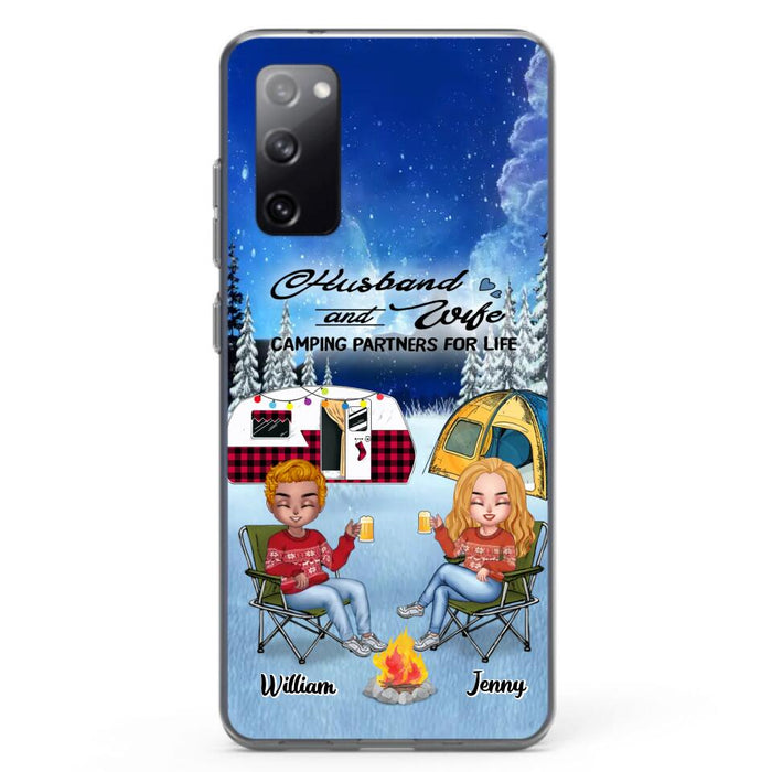 Custom Personalized Camping Couple Xmas Phone Case - Christmas Gift For Couple/ Camping Lover/ Dog Lover - Couple With Upto 4 Dogs - Husband And Wife Camping Partners For Life - Case For iPhone And Samsung