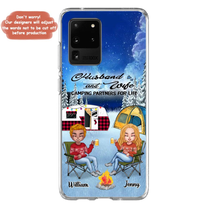 Custom Personalized Camping Couple Xmas Phone Case - Christmas Gift For Couple/ Camping Lover/ Dog Lover - Couple With Upto 4 Dogs - Husband And Wife Camping Partners For Life - Case For iPhone And Samsung