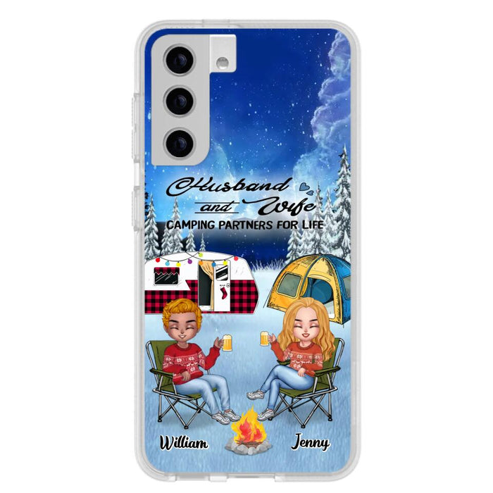 Custom Personalized Camping Couple Xmas Phone Case - Christmas Gift For Couple/ Camping Lover/ Dog Lover - Couple With Upto 4 Dogs - Husband And Wife Camping Partners For Life - Case For iPhone And Samsung