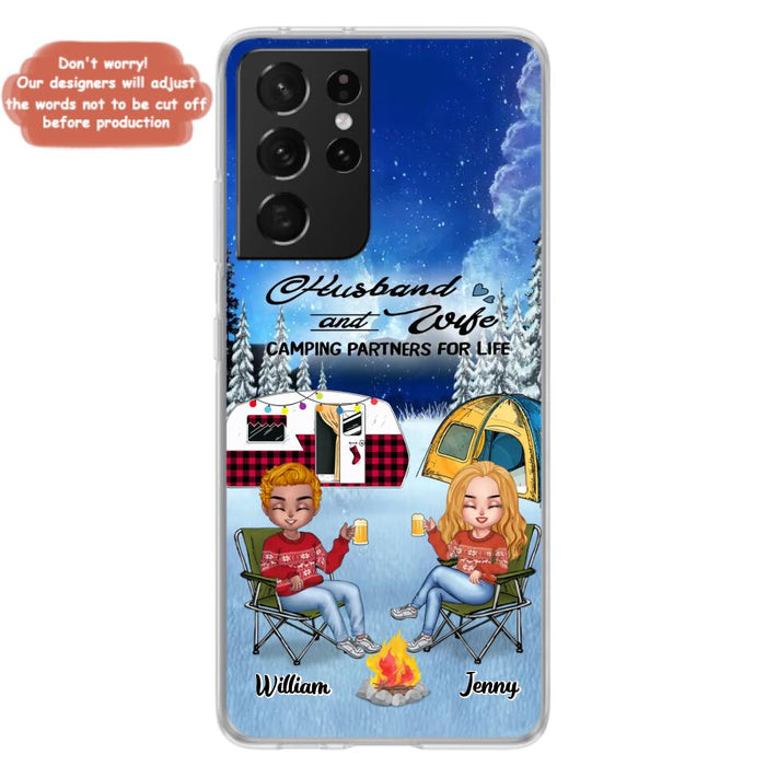 Custom Personalized Camping Couple Xmas Phone Case - Christmas Gift For Couple/ Camping Lover/ Dog Lover - Couple With Upto 4 Dogs - Husband And Wife Camping Partners For Life - Case For iPhone And Samsung