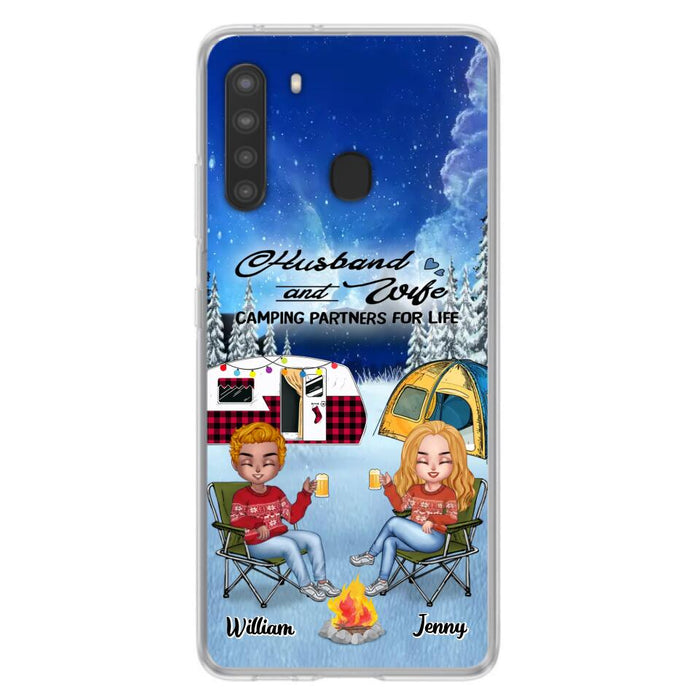 Custom Personalized Camping Couple Xmas Phone Case - Christmas Gift For Couple/ Camping Lover/ Dog Lover - Couple With Upto 4 Dogs - Husband And Wife Camping Partners For Life - Case For iPhone And Samsung