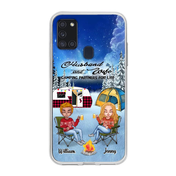 Custom Personalized Camping Couple Xmas Phone Case - Christmas Gift For Couple/ Camping Lover/ Dog Lover - Couple With Upto 4 Dogs - Husband And Wife Camping Partners For Life - Case For iPhone And Samsung