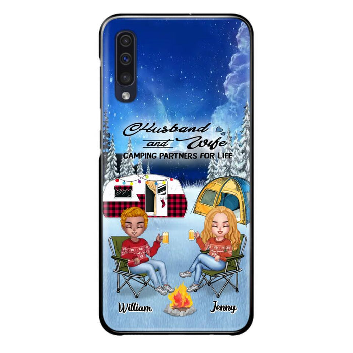 Custom Personalized Camping Couple Xmas Phone Case - Christmas Gift For Couple/ Camping Lover/ Dog Lover - Couple With Upto 4 Dogs - Husband And Wife Camping Partners For Life - Case For iPhone And Samsung