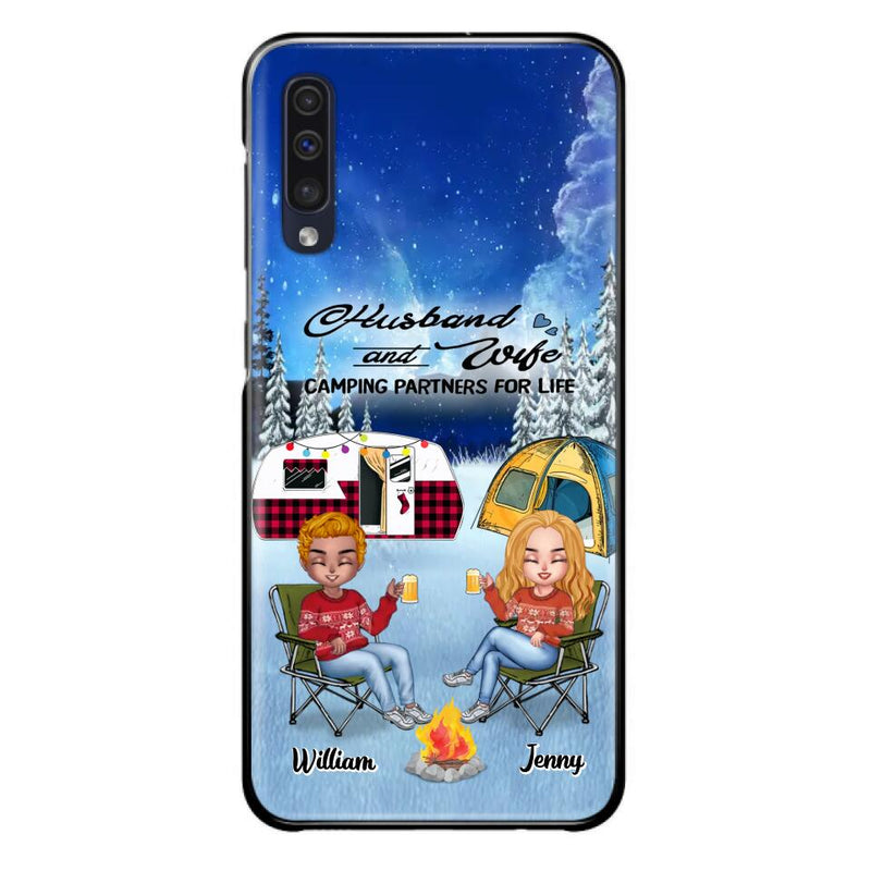Personalized Camping Couple Xmas Phone Case - Christmas Gift For Couple/Camping Lover/ Dog Lover - Couple With Up to 4 Dogs - Husband And Wife Camping Partners For Life - Case For iPhone And Samsung
