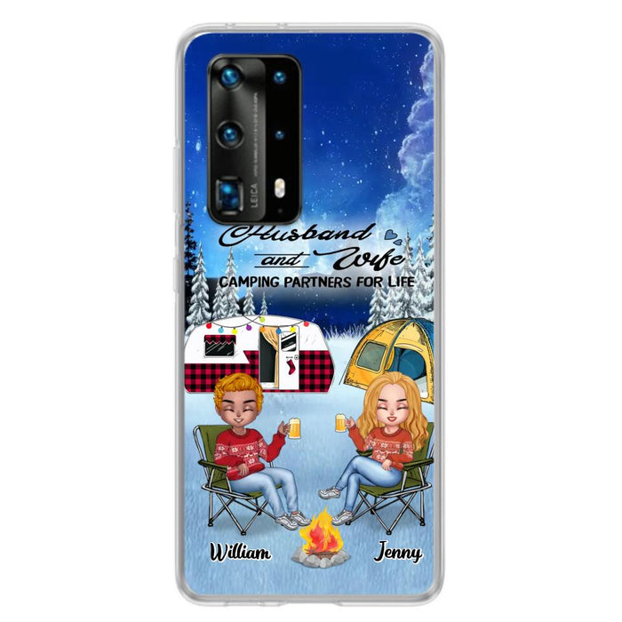 Custom Personalized Camping Couple Xmas Phone Case - Christmas Gift For Couple/ Camping Lover/ Dog Lover - Couple With Upto 4 Dogs - Husband And Wife Camping Partners For Life - Case For Xiaomi, Oppo And Huawei