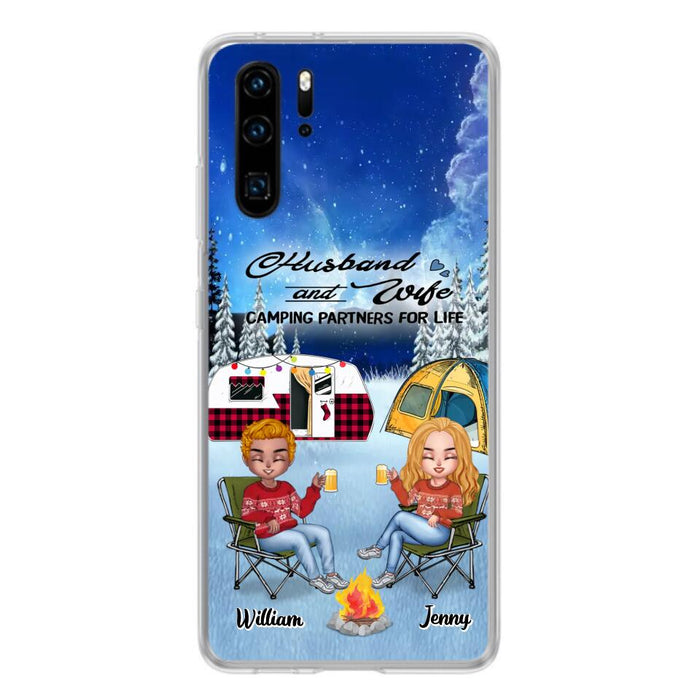 Custom Personalized Camping Couple Xmas Phone Case - Christmas Gift For Couple/ Camping Lover/ Dog Lover - Couple With Upto 4 Dogs - Husband And Wife Camping Partners For Life - Case For Xiaomi, Oppo And Huawei