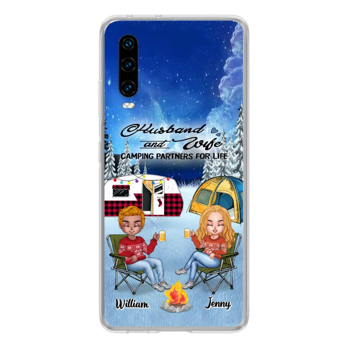 Custom Personalized Camping Couple Xmas Phone Case - Christmas Gift For Couple/ Camping Lover/ Dog Lover - Couple With Upto 4 Dogs - Husband And Wife Camping Partners For Life - Case For Xiaomi, Oppo And Huawei