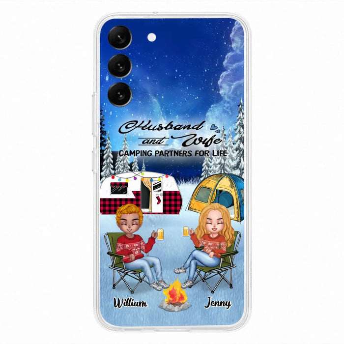 Custom Personalized Camping Couple Xmas Phone Case - Christmas Gift For Couple/ Camping Lover/ Dog Lover - Couple With Upto 4 Dogs - Husband And Wife Camping Partners For Life - Case For iPhone And Samsung