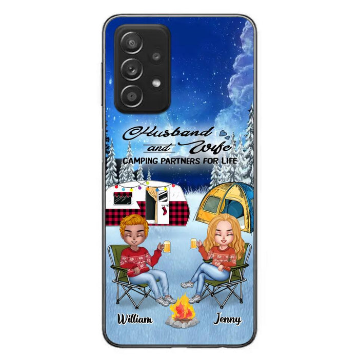 Custom Personalized Camping Couple Xmas Phone Case - Christmas Gift For Couple/ Camping Lover/ Dog Lover - Couple With Upto 4 Dogs - Husband And Wife Camping Partners For Life - Case For iPhone And Samsung