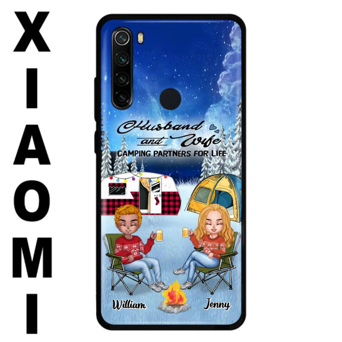 Custom Personalized Camping Couple Xmas Phone Case - Christmas Gift For Couple/ Camping Lover/ Dog Lover - Couple With Upto 4 Dogs - Husband And Wife Camping Partners For Life - Case For Xiaomi, Oppo And Huawei