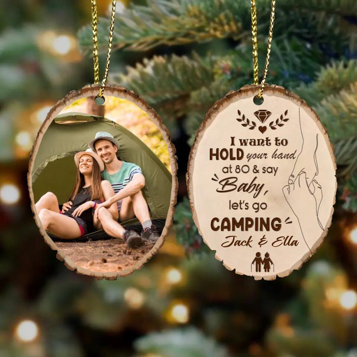 Custom Personalized Camping Couple Photo Wooden Ornament 2 Sides - Christmas/Birthday/Anniversary Gift Idea for Couple - Baby Let's Go Camping