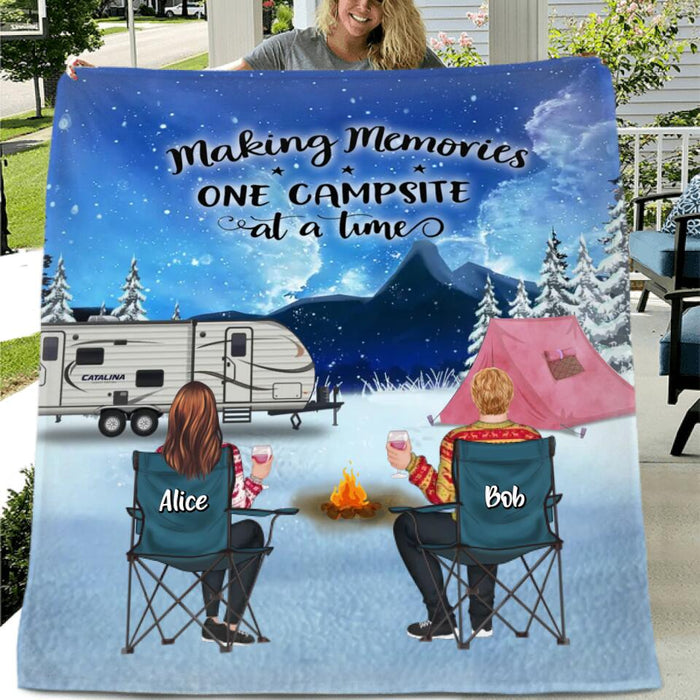 Custom Personalized Christmas Camping Fleece/Quilt Blanket - Christmas Gift For Family/ Couple/ Camping Lover - Upto 2 Kids and 3 Pets - Making Memories One Campsite At A Time