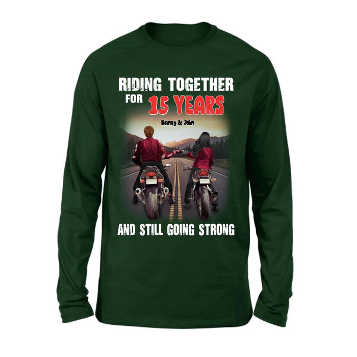 Custom Personalized Biker Shirt/ Hoodie - Gift Idea For Biker/ Couple/ Christmas - Riding Together For 15 Years And Still Going Strong