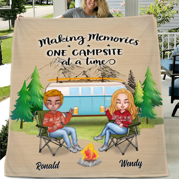 Custom Personalized Christmas Camping Quilt/Fleece Blanket/Pillow Cover - Upto 7 People - Christmas Gift For Family/ Couple/ Camping Lovers - Making Memories One Campsite At A Time