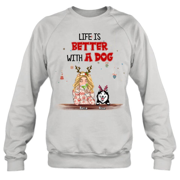 Custom Personalized Christmas Dog Mom T-shirt/ Long Sleeve/Sweatshirt/ Hoodie - Upto 5 Dogs - Christmas Gift Idea For Dog Mom/ Dog Lover - Life Is Better With Dogs