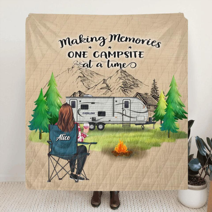 Custom Personalized Camping Quilt/Fleece Blanket/Pillow Cover - Parents with Up to 2 Kids, 3 Pets - Gift Idea For Family/ Couple/Camping Lovers - Making Memories One Campsite At A Time