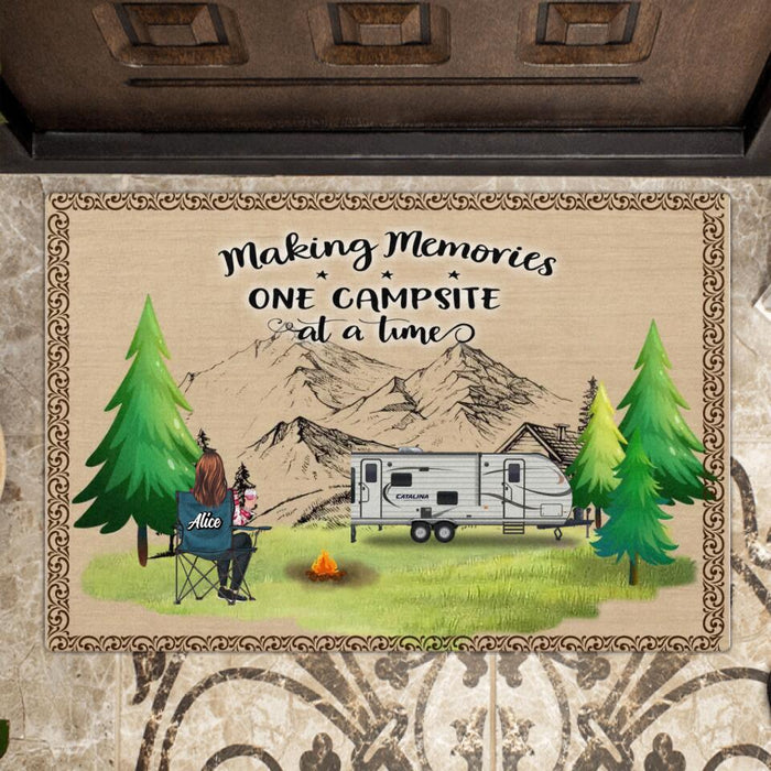 Custom Personalized Camping Doormat - Parents with Up to 2 Kids, 3 Pets - Gift Idea For Family/ Couple/Camping Lovers - Making Memories One Campsite At A Time