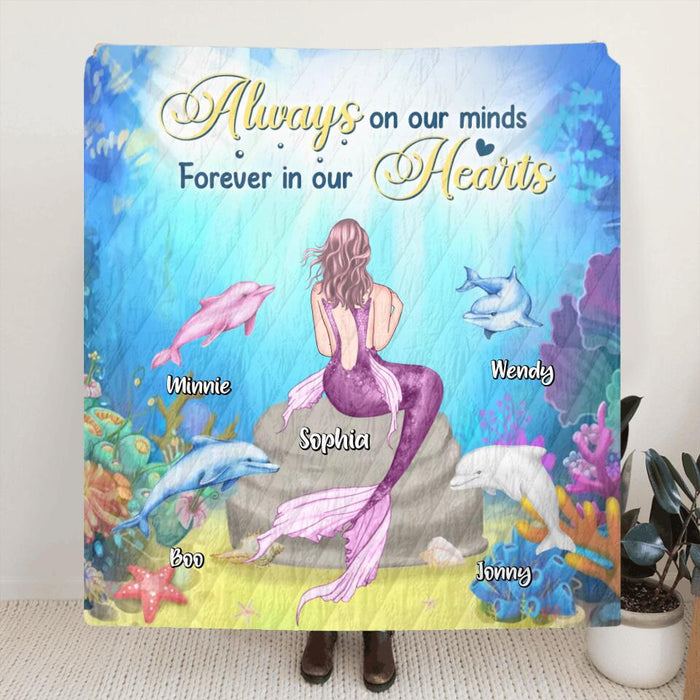 Custom Personalized Mermaid Quilt/Fleece Blanket - Upto 4 Dolphins - Gift Idea For Family - Always On Our Minds Forever In Our Hearts