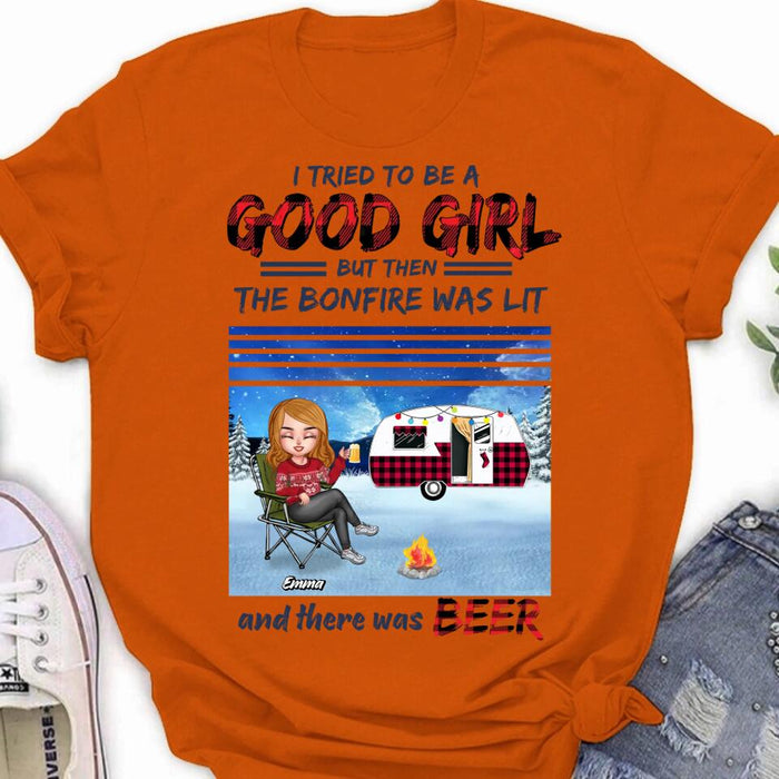 Custom Personalized Xmas Camping Girl Shirt/ Hoodie - Christmas Gift For Camping Lover - Girl With Upto 4 Dogs - I Tried To Be A Good Girl