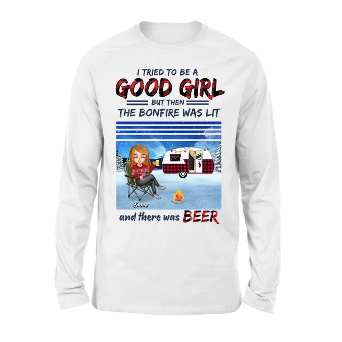 Custom Personalized Xmas Camping Girl Shirt/ Hoodie - Christmas Gift For Camping Lover - Girl With Upto 4 Dogs - I Tried To Be A Good Girl