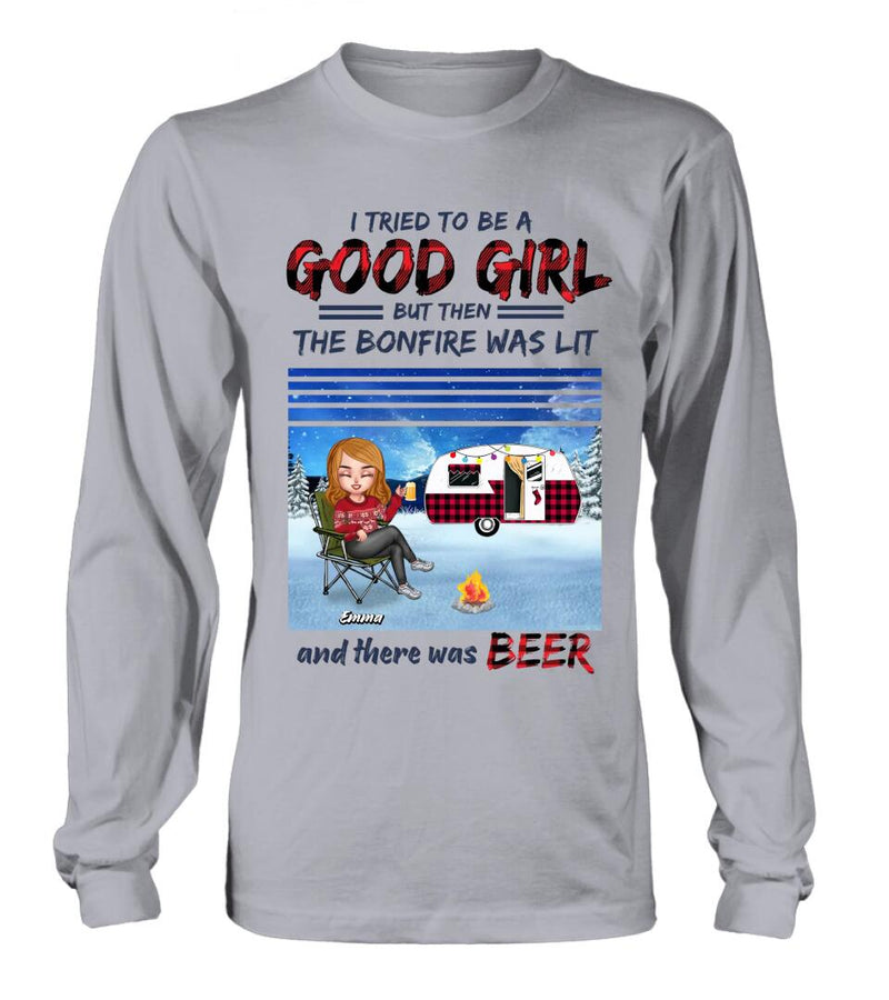 Personalized Xmas Camping Girl Shirt/Hoodie - Christmas Gift For Camping Lover - Girl With Up to 4 Dogs - I Tried To Be A Good Girl
