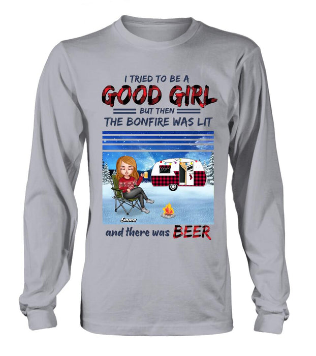 Custom Personalized Xmas Camping Girl Shirt/ Hoodie - Christmas Gift For Camping Lover - Girl With Upto 4 Dogs - I Tried To Be A Good Girl