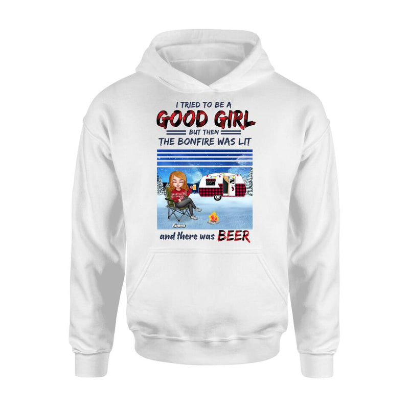 Personalized Xmas Camping Girl Shirt/Hoodie - Christmas Gift For Camping Lover - Girl With Up to 4 Dogs - I Tried To Be A Good Girl