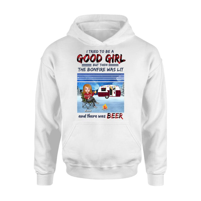 Custom Personalized Xmas Camping Girl Shirt/ Hoodie - Christmas Gift For Camping Lover - Girl With Upto 4 Dogs - I Tried To Be A Good Girl