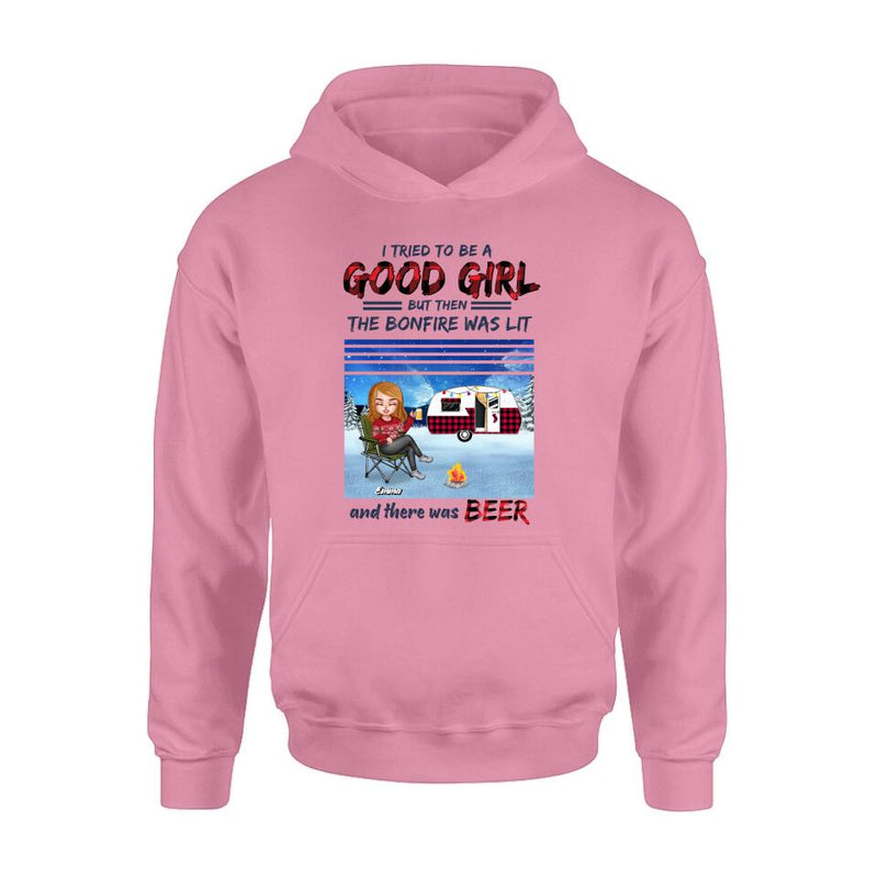 Personalized Xmas Camping Girl Shirt/Hoodie - Christmas Gift For Camping Lover - Girl With Up to 4 Dogs - I Tried To Be A Good Girl