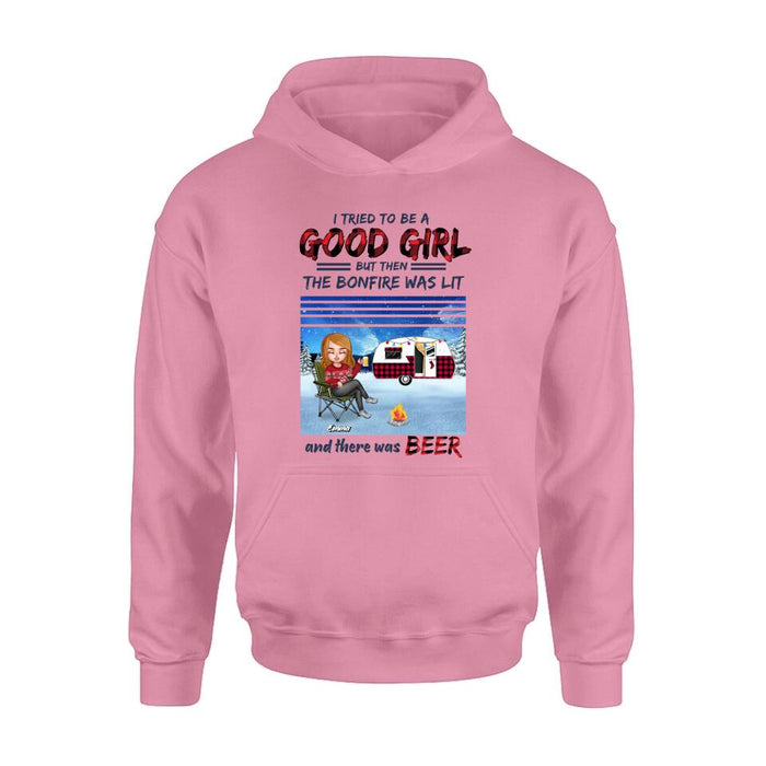 Custom Personalized Xmas Camping Girl Shirt/ Hoodie - Christmas Gift For Camping Lover - Girl With Upto 4 Dogs - I Tried To Be A Good Girl