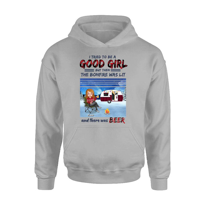 Custom Personalized Xmas Camping Girl Shirt/ Hoodie - Christmas Gift For Camping Lover - Girl With Upto 4 Dogs - I Tried To Be A Good Girl