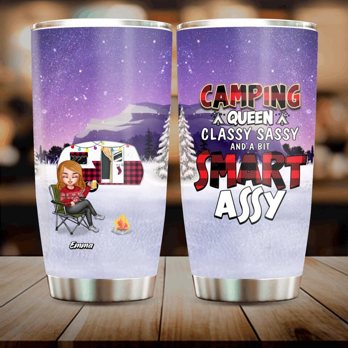 Custom Personalized Xmas Camping Queen Tumbler - Girl With Upto 4 Dogs - Gift Idea For Camping Lover - Camping Queen Classy Sassy And A Bit Smart Assy