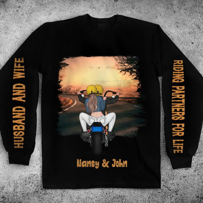 Custom Personalized Biker Couple Long Sleeve Shirt - Gift Idea For Couple/ Bikers - Husband And Wife Riding Partners For Life