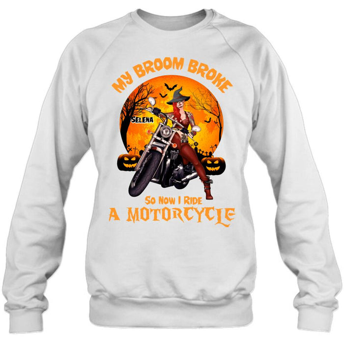 Custom Personalized Witch Biker Shirt - Halloween Gift Idea For Bikers - My Broom Broke So Now I Ride A Motorcycle