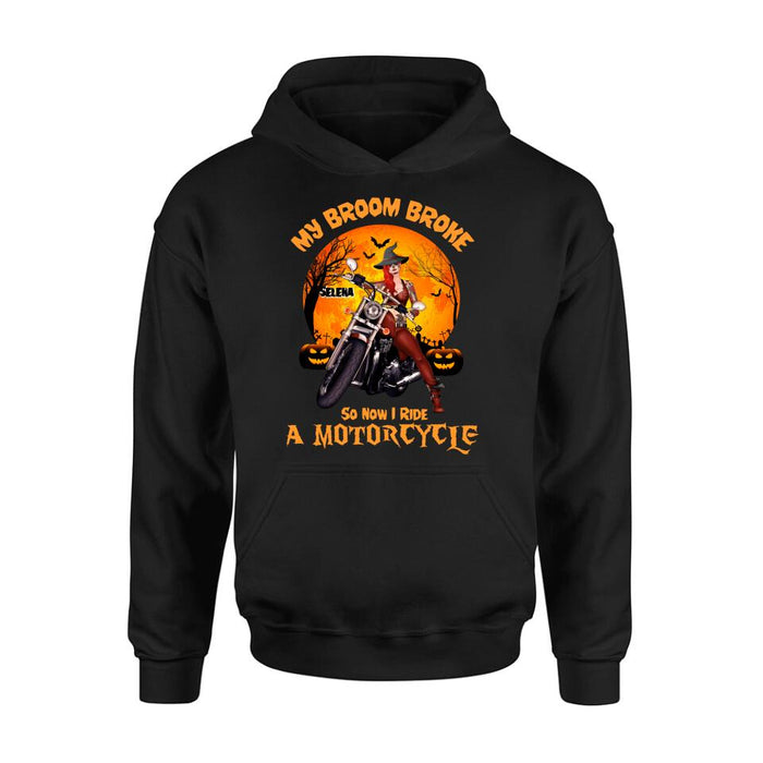 Custom Personalized Witch Biker Shirt - Halloween Gift Idea For Bikers - My Broom Broke So Now I Ride A Motorcycle