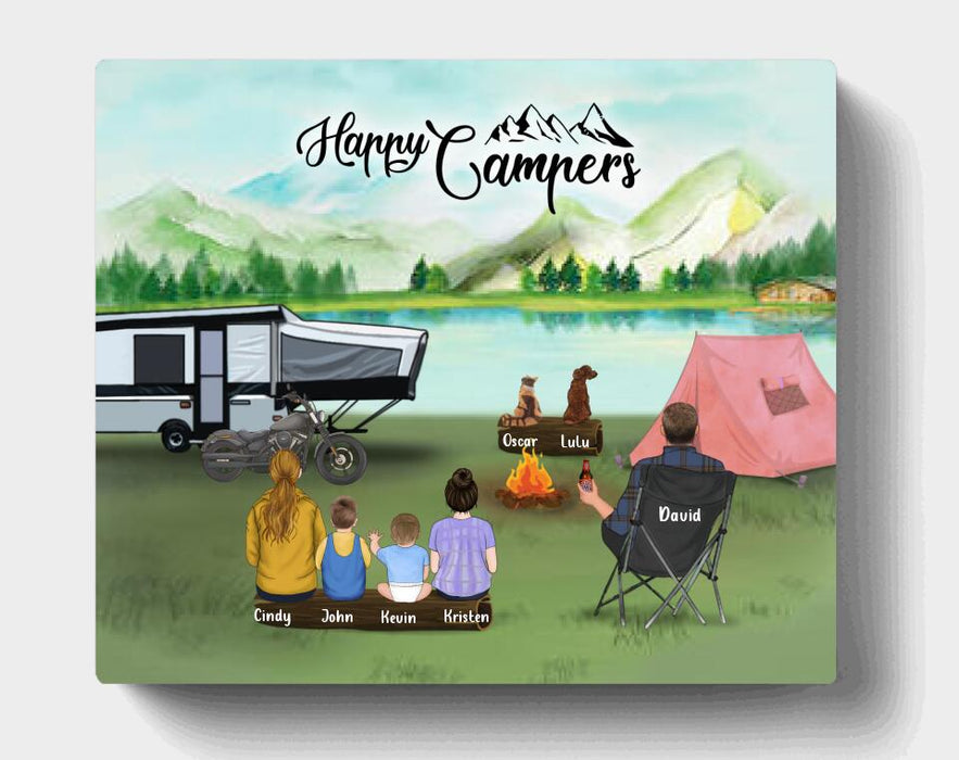 Custom Personalized Camping Canvas - Single Man/Woman with up to 4 Kids and 2 Pets - Gift For Father's Day - Happy Campers