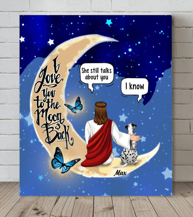 Custom Personalized Memorial God & Dog/Cat Sitting On Moon Canvas - Upto 5 Pets - Memorial Gift For Dog/ Cat Lover