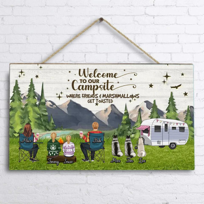 Custom Personalized Camping Wooden Sign - Adult/Couple/Single Parent/Parents with Upto 3 Pets - Gift Idea For Couple/Camping/Dog/Cat Lovers - Welcome To Our Campsite