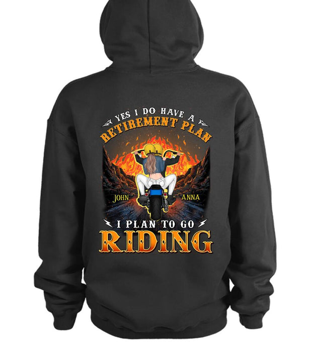 Custom Personalized Riding Couple T-shirt/ Hoodie - Gift Idea For Couple/ Christmas/ Retirement Gift - Yes I Do Have A Retirement Plan I Plan To Go Riding