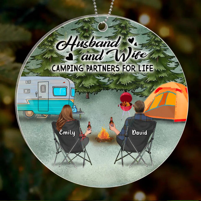 Custom Personalized Camping Acrylic Ornament - Couple/Parents With Upto 3 Kids And 3 Pets - Gift Idea For Camping Lover, Family - Husband And Wife Camping Partners For Life