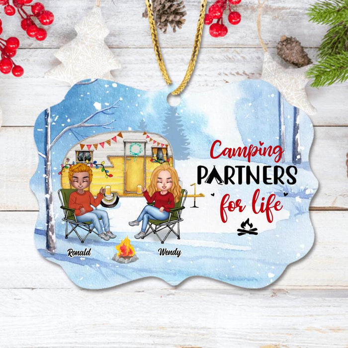 Custom Personalized Christmas Winter Camping Rectangle Wooden/Acrylic Ornament - Christmas Gift For Camping Lover - Couple With Upto 4 Pets - Camping Partners For Life