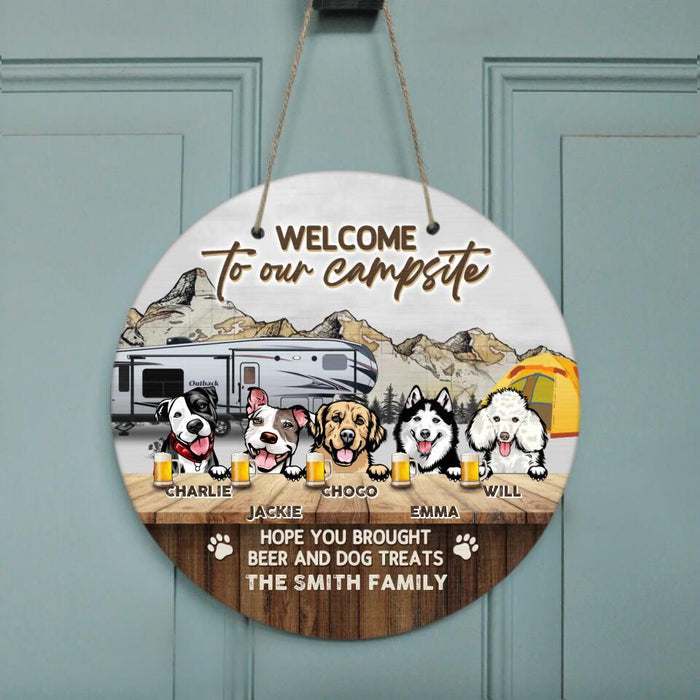 Custom Personalized Dog & Camping Wooden Sign - Upto 5 Dogs - Gift Idea For Dog Lover /Camping Lover - Welcome To Our Campsite