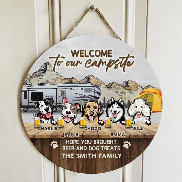 Custom Personalized Dog & Camping Wooden Sign - Upto 5 Dogs - Gift Idea For Dog Lover /Camping Lover - Welcome To Our Campsite